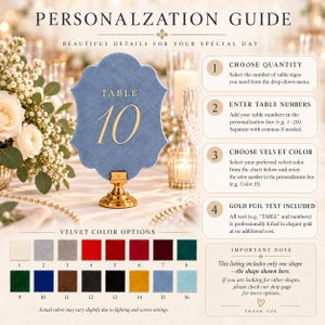 May include: A dusty blue velvet table sign with a scalloped edge and gold foil text reading TABLE 10, supported by a gold metal stand. The image includes a personalization guide with four numbered steps and a color chart showing sixteen velvet swatches.