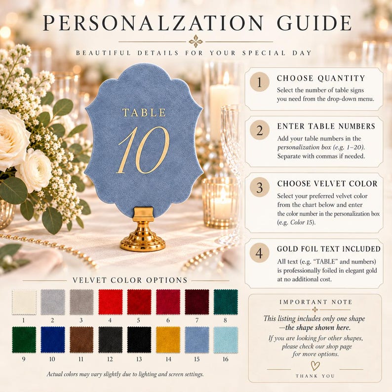 May include: A dusty blue velvet table sign with a scalloped edge and gold foil text reading TABLE 10, supported by a gold metal stand. The image includes a personalization guide with four numbered steps and a color chart showing sixteen velvet swatches.