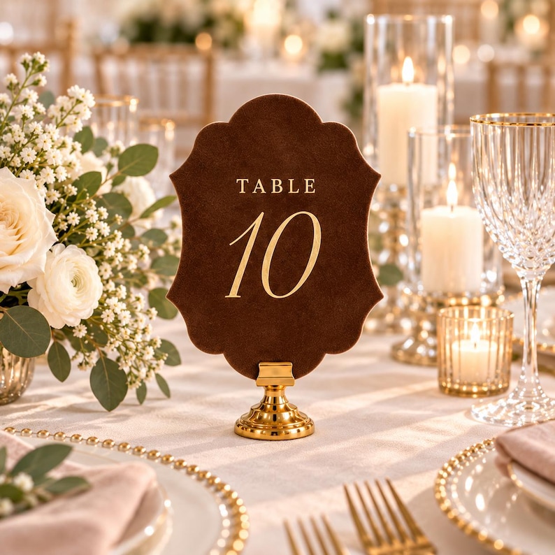 May include: A dark brown, scalloped-edge table number sign featuring the gold text "TABLE 10" centered on the surface. The sign is held upright by a small, polished gold metal stand with a circular base, positioned on a formal dining table.
