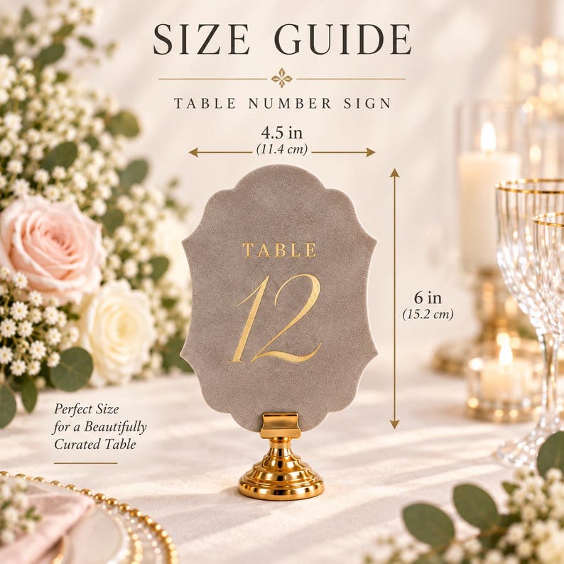 May include: A grey velvet table number sign with gold lettering reading TABLE 12, mounted on a gold metal stand. The sign measures 4.5 inches wide by 6 inches high. The text SIZE GUIDE and TABLE NUMBER SIGN are printed above the sign.