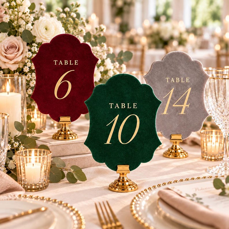 May include: Three scalloped-edge table number signs in deep red, dark green, and grey velvet. Each sign features gold-colored text reading TABLE followed by the numbers 6, 10, or 14, and is mounted on a small, circular gold-colored metal stand.