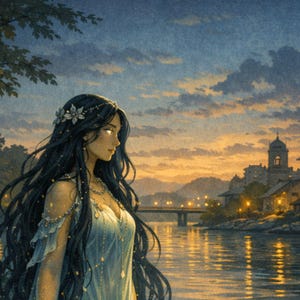 May include: An illustration of a woman with long black hair, wearing a light blue dress and floral headpiece, standing near a river. The background features a sunset with a bridge, buildings, and trees.