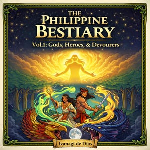 May include: A fantasy book cover titled "The Philippine Bestiary Vol. 1: Gods, Heroes, & Devourers." The artwork features a celestial figure, two figures with weapons, and mythical creatures. The author's name, Izanagi de Dios, is at the bottom.