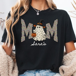 Personalized Halloween Mom Shirt, Custom Name Ghost Witch Tee, Leopard Print Mom Shirt with Kids Names, Custom Halloween Shirt for Women