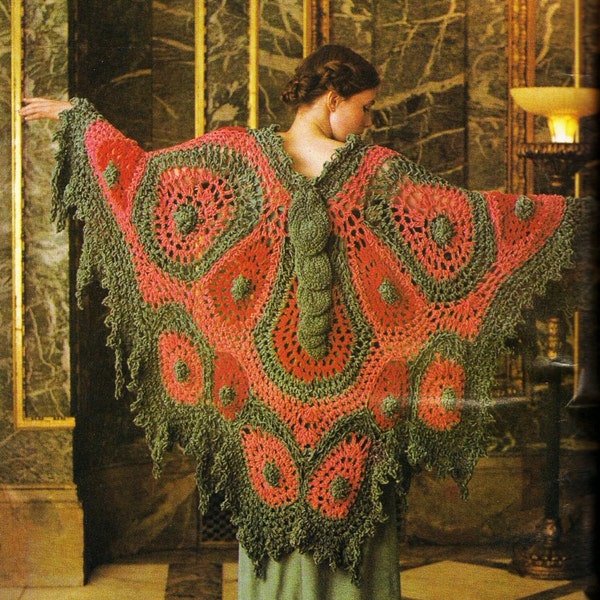 VG003 - Vintage 70s Crochet Butterfly Shawl Bohemian Eco Fashion Wrap PDF pattern