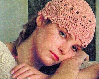VG004 - Vintage pink crochet cluster popcorn cap beanie hat pattern pdf instant download