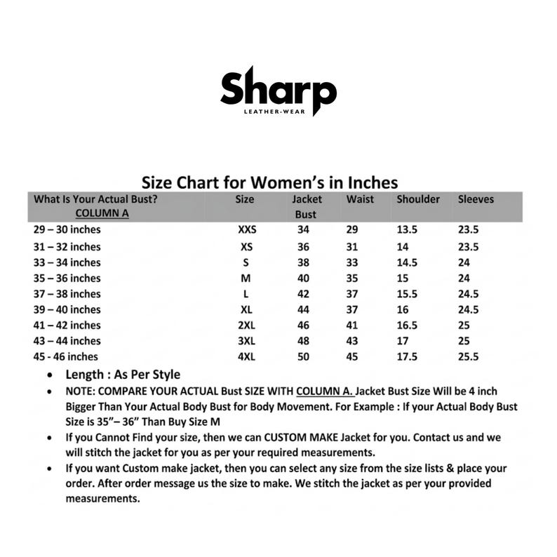 May include: A size chart for women's jackets in inches, with bust, waist, shoulder, and sleeve measurements. Sizes range from XXS to 4XL. The Sharp Leather-Wear logo is at the top.