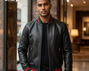 Mens Black Leather Jacket Red Green Italian Stripe Biker Jacket Textured Moto Jacket Streetwear Racing Jacket Gift for Him