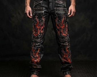 Studded Flame Leather Pants | Distressed Biker Trousers | Punk Rock Motorcycle Pants | Vintage Cargo Style
