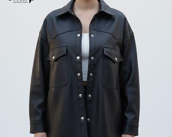 Oversized Black Sheepskin Leather Shacket – Western Style Streetwear Jacket