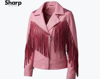Pink Fringe Leather Jacket Women, Western Cowgirl Jacket, Barbiecore Outfit, Festival Fringe Coat, Real Leather Pink Jacket