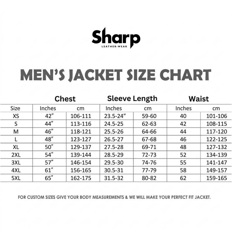 May include: A white size chart for men's jackets, featuring chest, sleeve length, and waist measurements in inches and centimeters. Sizes range from XS to 5XL. The Sharp Leather-Wear logo is at the top.