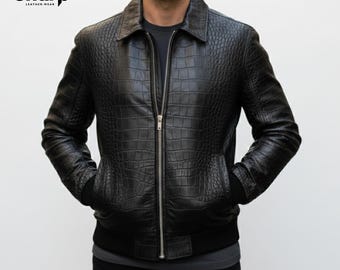 Mens Black Crocodile Embossed Cowhide Bomber Jacket, Exotic Leather Streetwear