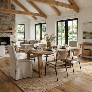 May include: A rectangular wooden dining table with a trestle base, surrounded by four chairs with woven seats and black metal frames, and one upholstered chair with a floor-length beige slipcover, set on a large textured jute area rug.