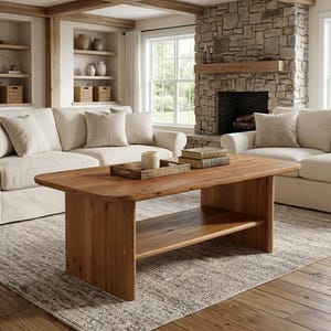 May include: A rectangular wooden coffee table with a smooth top surface and a lower shelf. The table features a natural light brown wood grain finish, rounded corners, and solid panel legs. A wooden tray and two stacked books sit on the table.