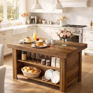 May include: A rustic wooden kitchen island with a breakfast setting. The island features shelves with glassware, plates, and a basket of bread. Pancakes, juice, and flowers are arranged on the island's surface. The kitchen has white cabinets and a stainless steel stove.