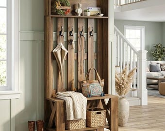 Hall Tree with Bench, Farmhouse Entryway Storage Organizer