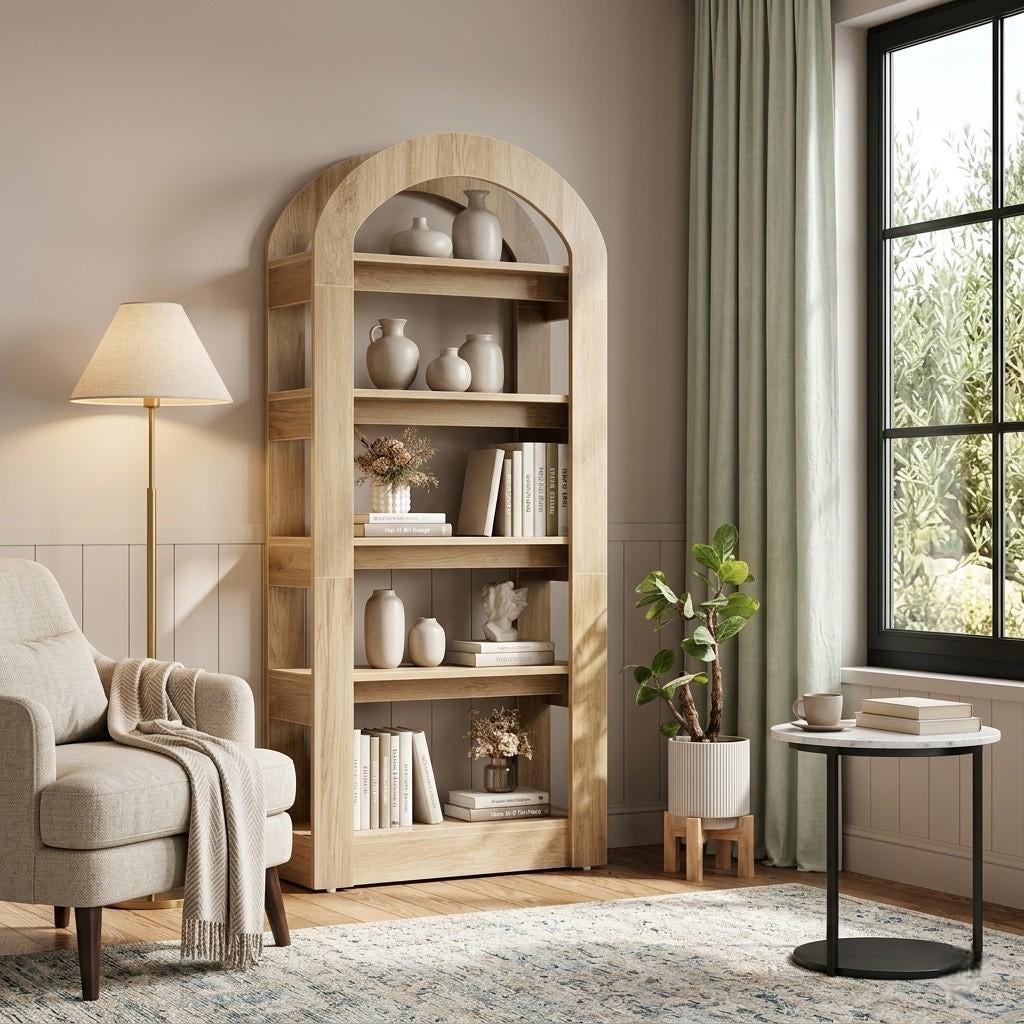 Arched Wooden Bookshelf 5 Tier Bookcase Boho Display Shelf for Living ...