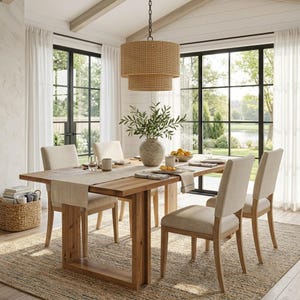 May include: A rectangular wooden dining table with four beige upholstered chairs, a woven pendant light, a light-colored table runner, and a ceramic vase with green branches. A woven basket with folded textiles sits on the floor nearby.