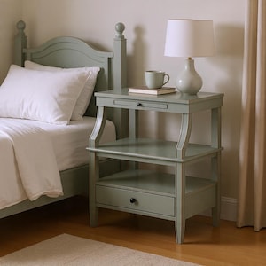 May include: A sage green nightstand with two drawers and an open shelf. A white lamp, a mug, and a book sit on top. The nightstand is next to a bed with white bedding.