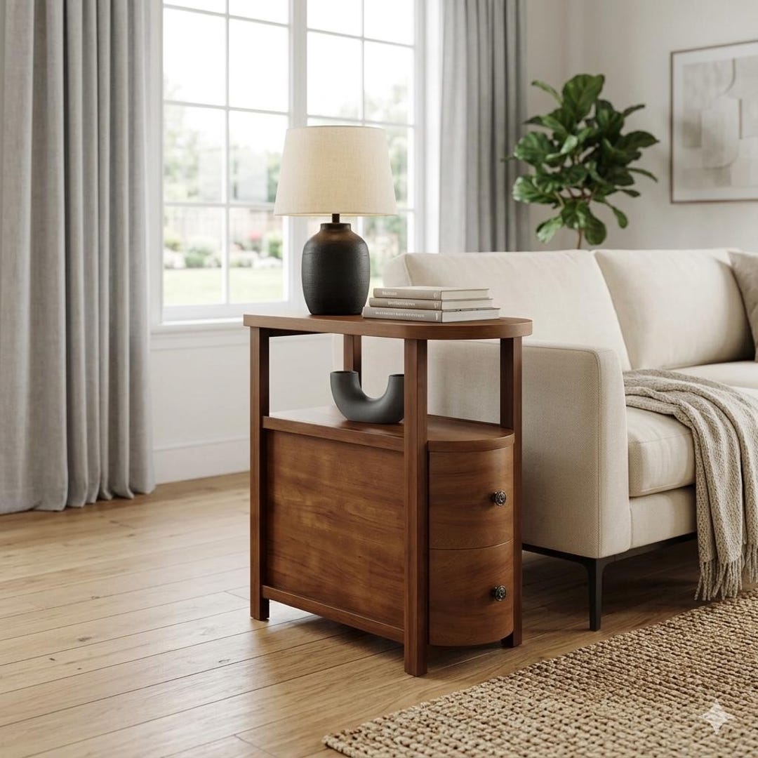 Slim End Table With Drawers and Shelf, Solid Wood Narrow Nightstand ...