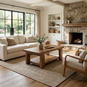 May include: A living room featuring a cream-colored sofa with throw pillows, a wooden coffee table with a lower shelf, and two wooden armchairs. A stone fireplace with a wooden mantel sits beside built-in shelves, all set on a textured rug.