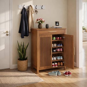 May include: A wooden shoe cabinet with a slatted door, open to reveal several pairs of shoes. A coat rack with coats and a plant in a woven basket are nearby. A small rug and a door are in the foreground.