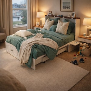 May include: A bedroom scene featuring a bed with a teal comforter and pillows. A beige throw blanket is draped over the bed. The bed has built-in storage drawers. A beige rug covers the floor. Two nightstands with lamps flank the bed.