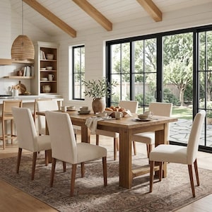 May include: A rectangular wooden dining table with a natural finish, surrounded by six upholstered chairs with light beige fabric and wooden legs. The table is set with white ceramic bowls, plates, and a central vase containing green foliage.