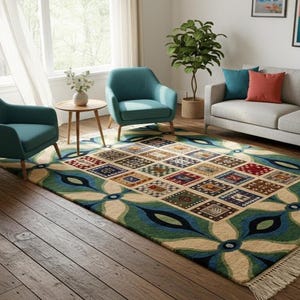 8x10 Hand Knotted Green Blue Cream Geometric Carpet | Patchwork Center Pattern Carpet | Luxury Southwestern Heirloom Area Rug 5x7, 6x9,