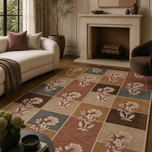Tappeto floreale in lana trapuntato a mano, tappeto botanico vintage, tappeto patchwork multicolore, tappeto floreale tradizionale, arredamento boho cottage per soggiorno