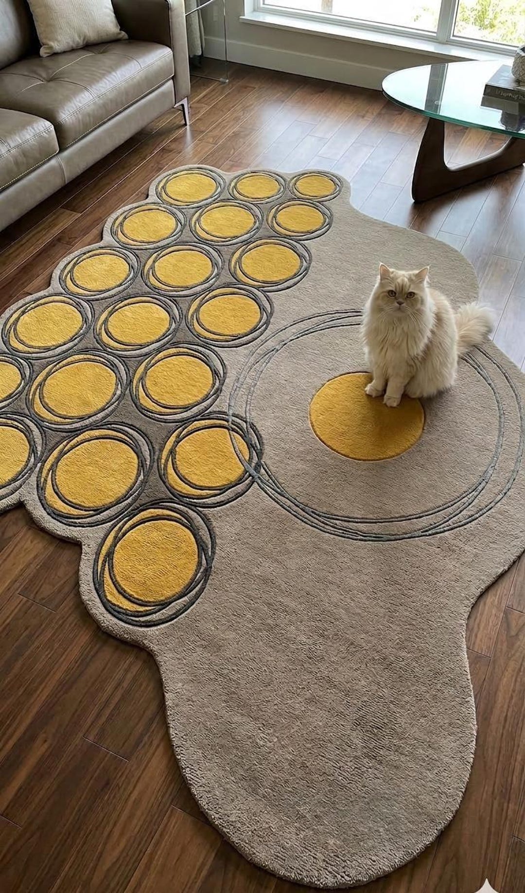 Mid Century Modern Atomic Age Rug, Retro Yellow & Grey Circle Pattern ...