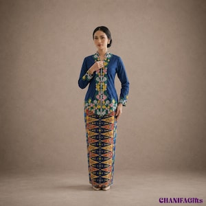 May include: A long-sleeved blue kebaya top featuring intricate floral embroidery in yellow, pink, and white along the front placket and cuffs, paired with a floor-length batik sarong skirt displaying a geometric pattern in blue, yellow, and red.
