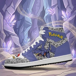 Garchomp High Top Sneakers, Custom Anime Shoes, Dragon Type P0kem0n Fan Leather Shoes, Mens Womens Streetwear Kicks, Gamer Gift Idea