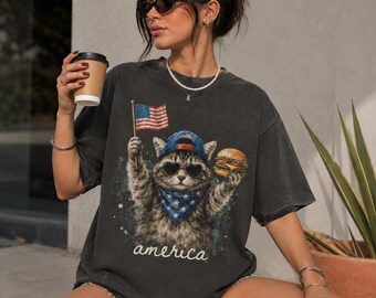 Camiseta patriótica de gatos, regalo para amantes de los gatos, camiseta del 4 de julio, camiseta estadounidense, estampado del Día de la Independencia, camiseta Comfort Colors