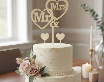 Mr and Mrs Wooden Cake Topper - Heart Wedding Cake Decoration