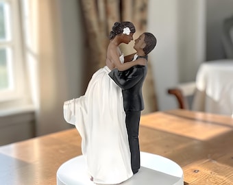 Dark Skin Romantic Wedding Couple Cake Topper - Bride and Groom Figurine Decor
