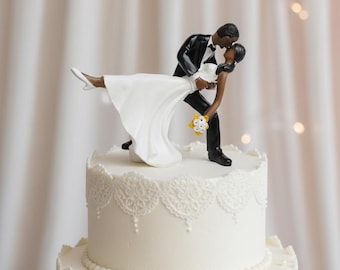 Bride Groom Tango Kiss Cake Topper – Black Suit White Dress Wedding Figurine