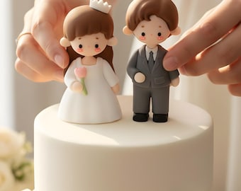 Handmade Cartoon Wedding Cake Topper – Bride and Groom Figurine