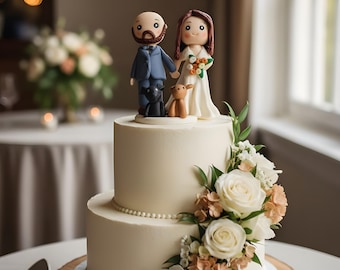 Wedding Cake Topper - Cartoon Bride Groom with Floral Arch Decor