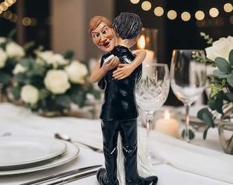 Humorous Hugging Bride Groom Cake Topper – Resin Figurine, Wedding Reception Decor