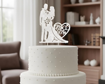 Mr & Mrs Cake Topper - Gold or Silver Bride and Groom Rhinestone Style Wedding Decoration