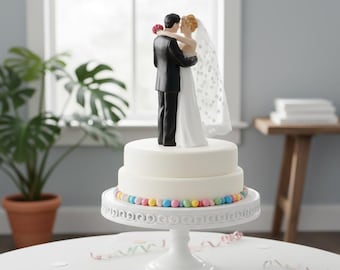 Romantic Bride Groom Cake Topper, Pink Flower Detail, Wedding Keepsake Figurine