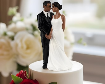 Elegant Wedding Cake Topper - Romantic Dark-Skin Bride and Groom Figurine