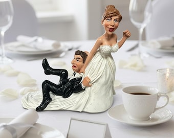 Funny Bride and Groom Wedding Cake Topper – Humorous Couple Figurine, Bridal Shower Decor