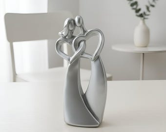 Silver Couple Heart Sculpture, Romantic Lovers Statue, Modern Anniversary Gift, Wedding Decor for Couples, Elegant Love Figurine