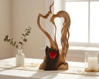 Wooden Couple Love Sculpture, Romantic Heart Statue, Hand Carved Lovers Figurine, Anniversary Gift for Couples, Rustic Wedding Decor