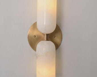Handcrafted Brass Double Wall Sconce | Alabaster Bathroom Vanity Light | Mid Century Modern Wall Lamp
