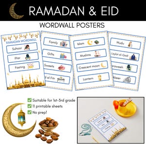 May include: A set of Ramadan and Eid word wall posters with words such as 'Suhoor', 'Iftar', and 'Fasting'. The posters are illustrated with related images. Other elements include a crescent moon, a lantern, dates, and prayer beads.