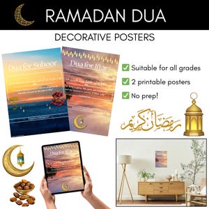 Puede incluir: Pósteres decorativos de Ramadán Dua, con "Dua for Suhoor" y "Dua for Iftar" con fondos de puesta de sol. Incluye un diseño de luna creciente dorada y linterna. El texto incluye "Apto para todos los grados", "2 pósteres imprimibles" y "¡Sin preparación!"